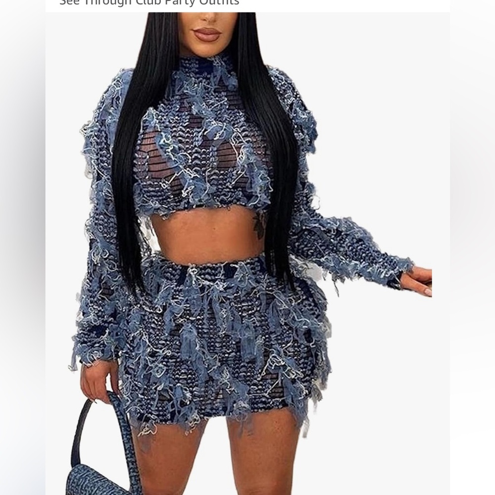 Envme 2 Piece Skirt Set Sexy Crop Top Mini Fringe Mesh See Through Size Small